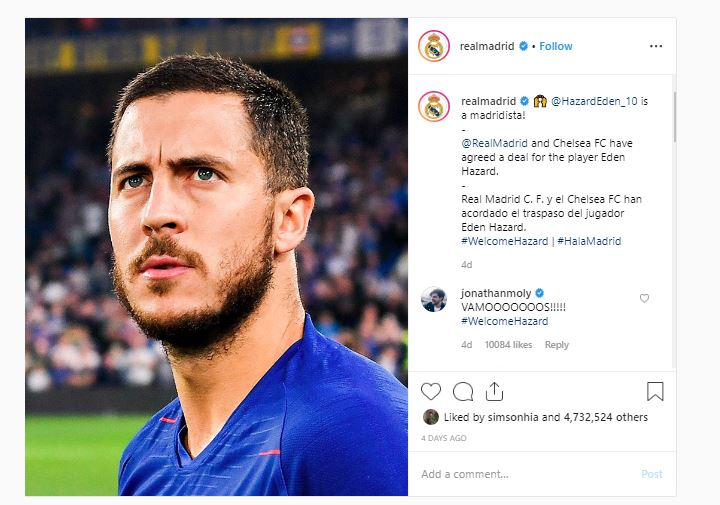 unggahan instagram real madrid tentang transfer eden hazard